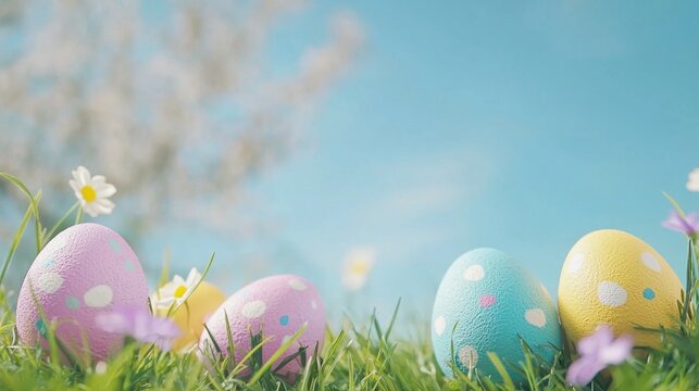 Four colorful Easter eggs with polka dots on a grassy lawn with flowers and a blue sky in the background.