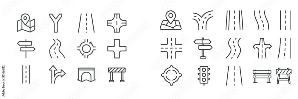 Poster traffic signs and road symbols arranged in a grid for navigation and direction guidance in an urban 