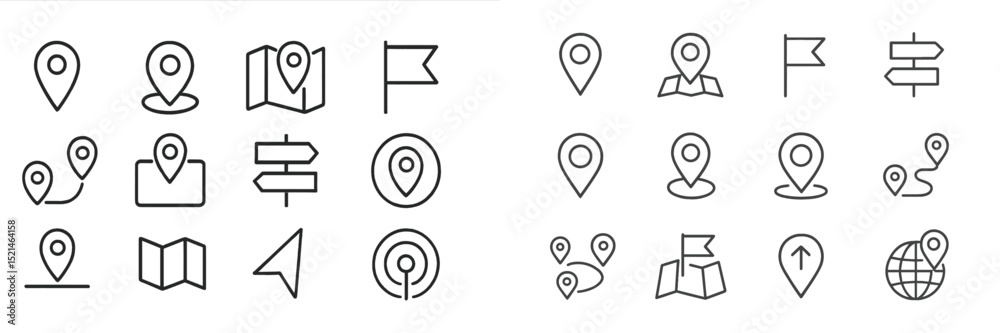 Poster collection of location icons including maps, markers, and navigation symbols for use in digital appl