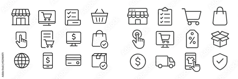 Poster online shopping icons representing various activities related to e-commerce and retail transactions