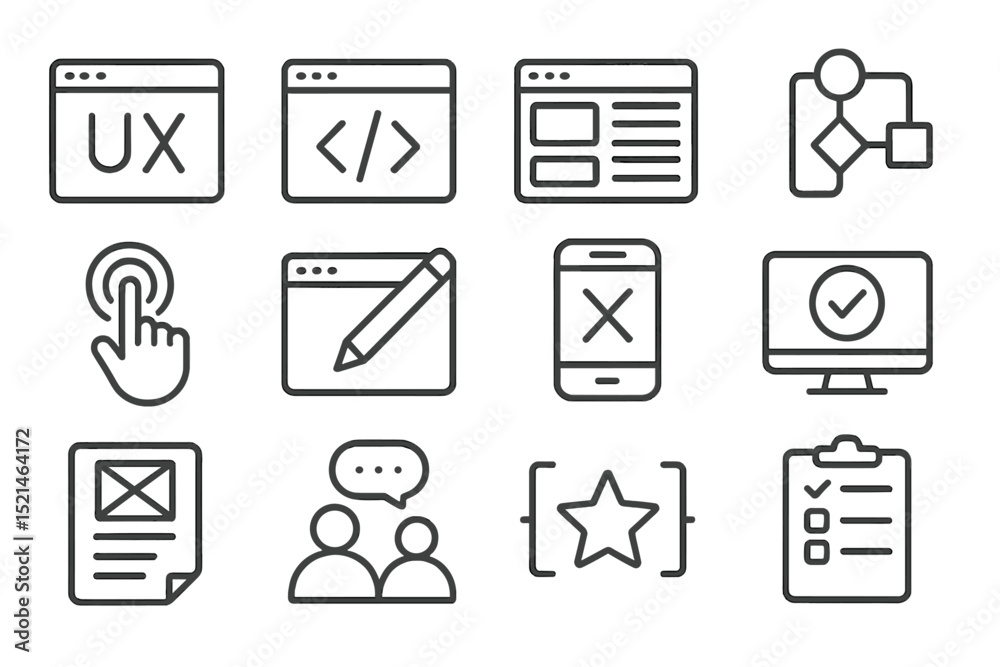 Poster Visual representation of web design elements showcasing user experience, coding, and project management tools