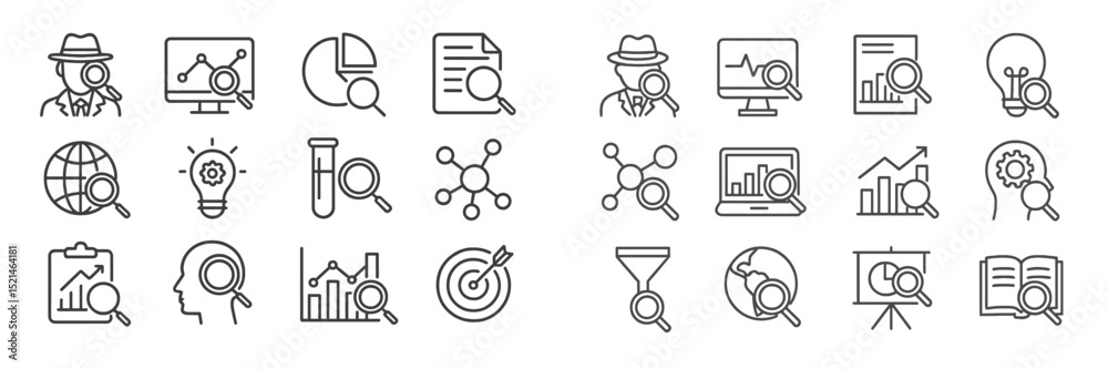 Aufkleber Collection of analytical icons showcasing various research and data visualization tools in a modern workspace setting