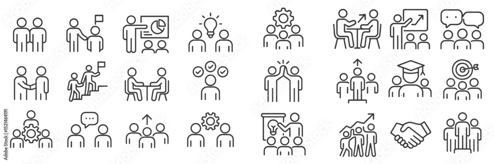 Poster collection of diverse business teamwork and collaboration icons illustrating various strategies and 