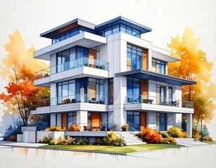 Modern Architectural Design Luxury Three Story House in Autumn Setting
