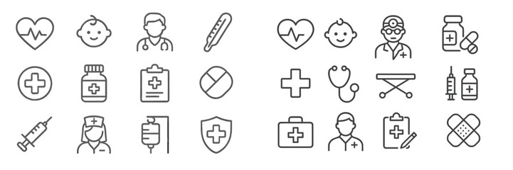 Collection of medical icons showcasing healthcare symbols and professional tools for various medical practices and services