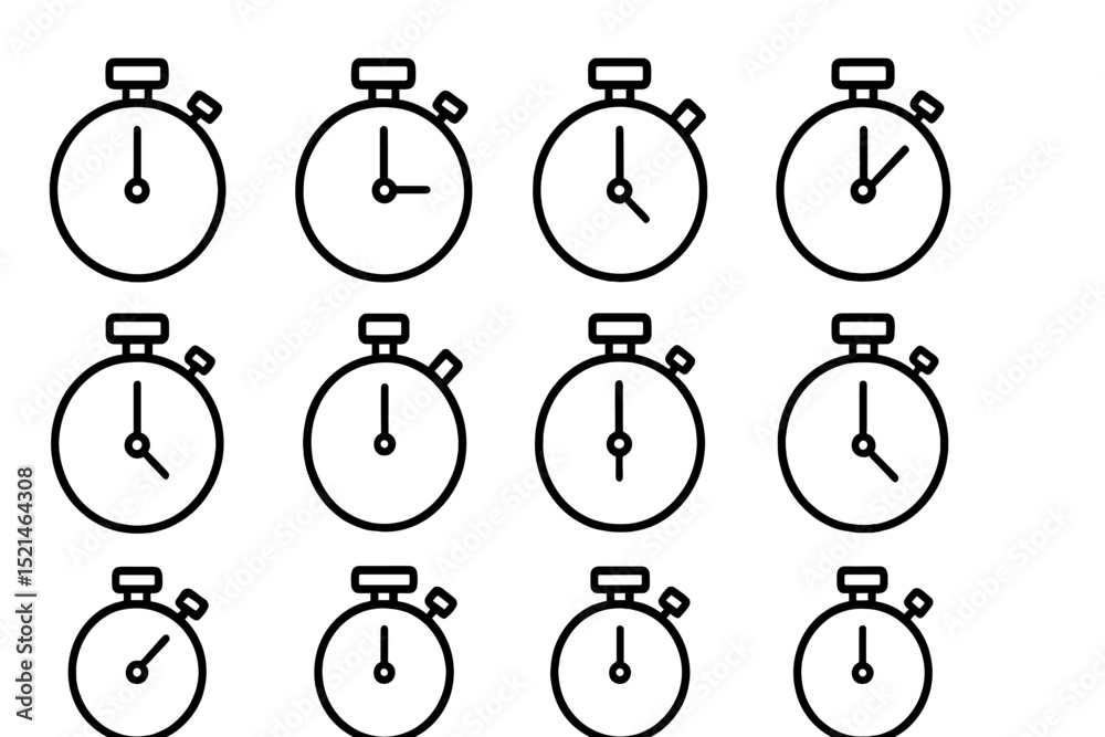Poster multiple black line art stopwatches arranged in a grid pattern on a white background showcasing time