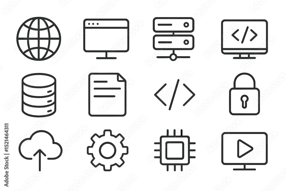 Aufkleber collection of technology icons representing web, data, and security concepts, suitable for digital a