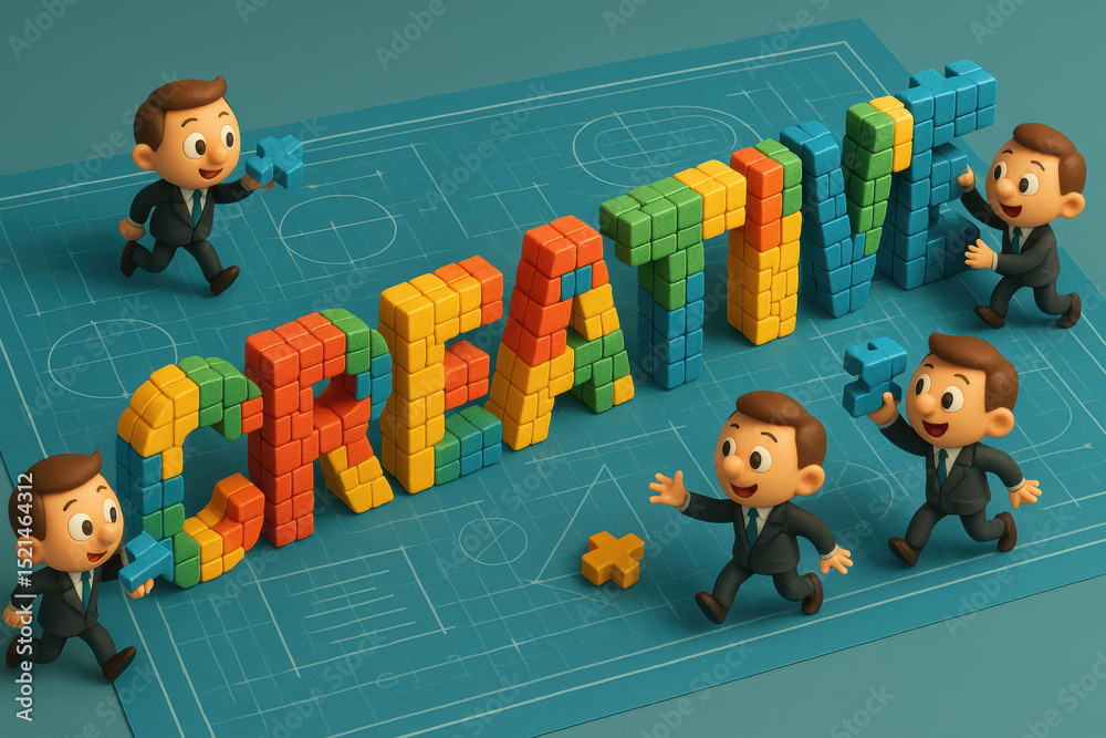 Poster innovation and collaboration drive business progress as interlocking blocks form the word representi