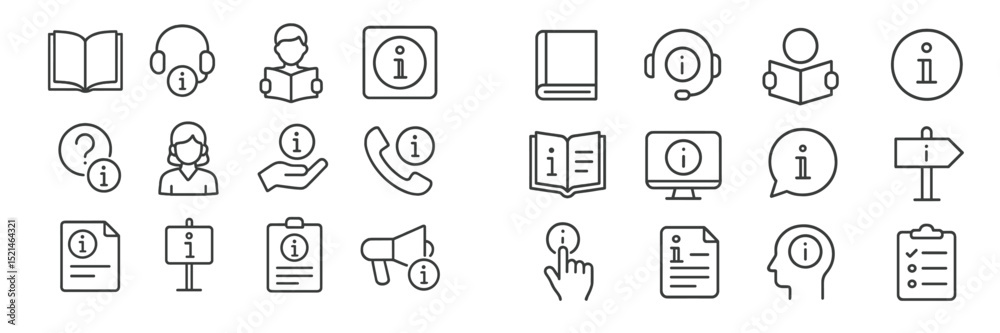 Poster Set of line icons representing various information symbols and communication tools for digital and printed media