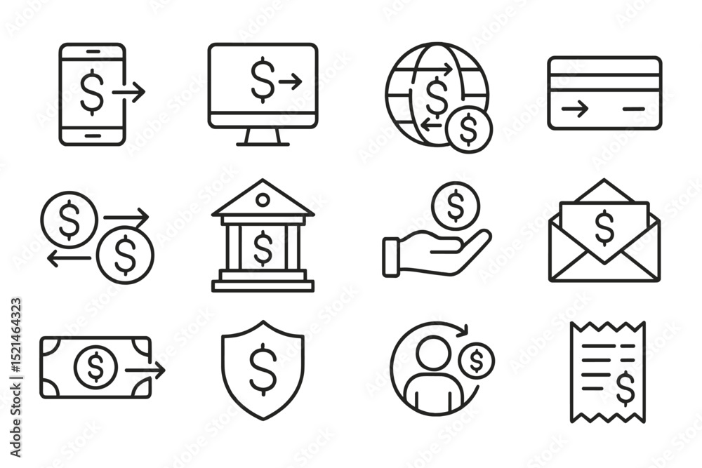 Aufkleber financial transactions represented through various digital symbols and icons showcasing money transf