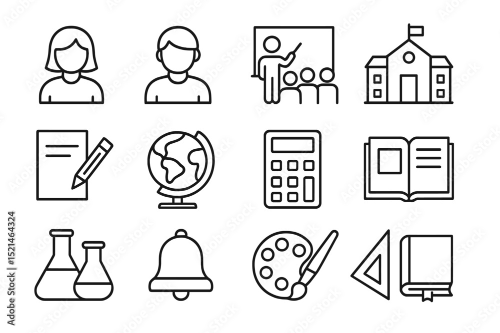 Poster Educational symbols and activities showcasing learning environments and tools in a school setting