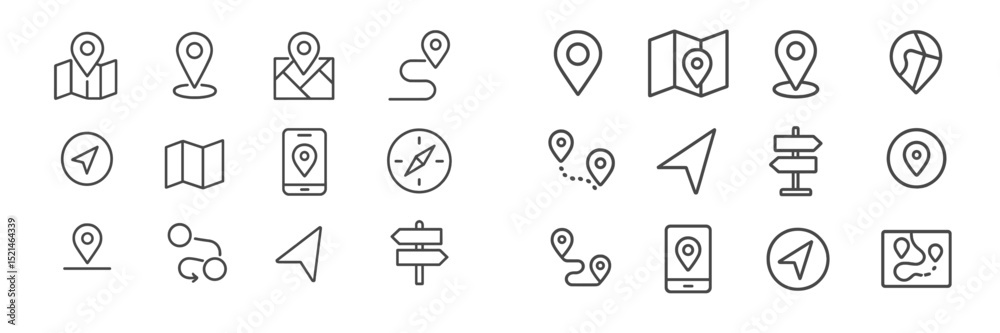 Poster Collection of various location and navigation icons represented as simple line drawings for design use