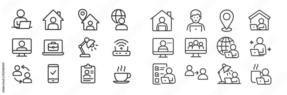 Poster icons representing various activities related to remote work and digital communication in a modern c