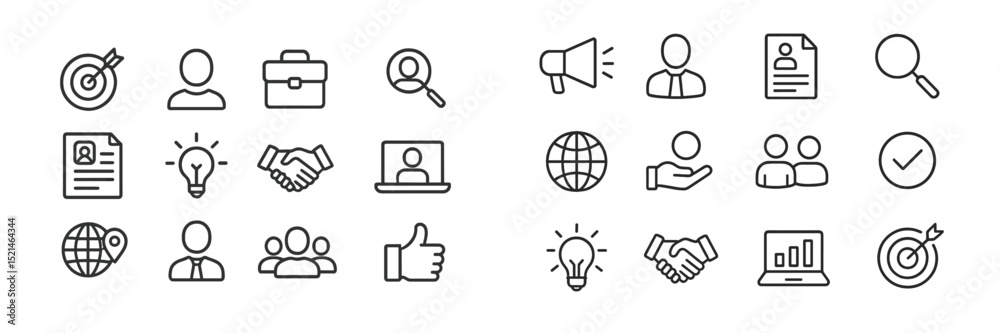 Poster Set of icons representing business concepts including teamwork, networking, and idea generation in a minimalistic style