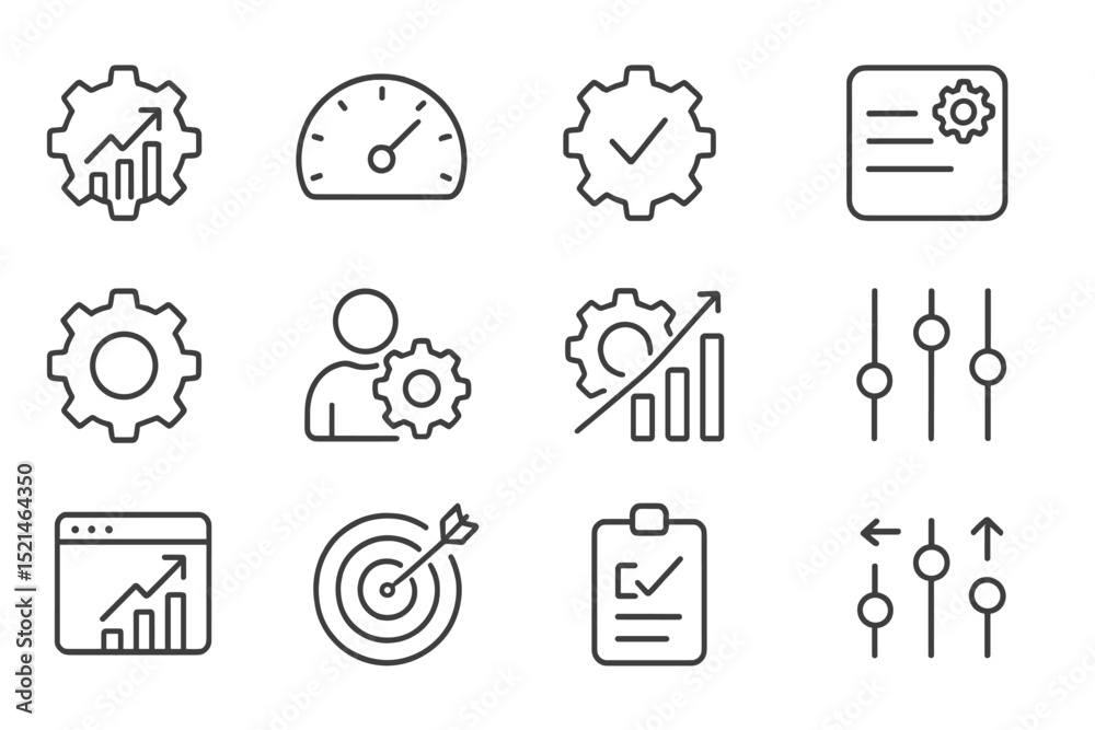 Poster Illustrations of various business and technology concepts including performance metrics and productivity