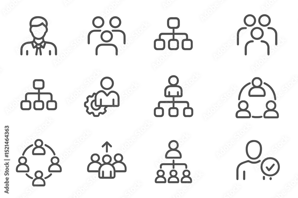 Aufkleber illustrations of organizational structures and teamwork concepts in simple line art style