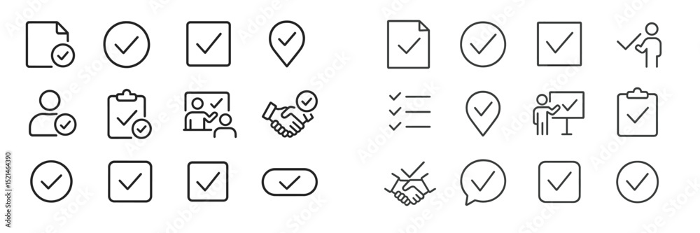 Poster collection of minimalistic checkmark icons showcasing various actions and tasks in a modern design