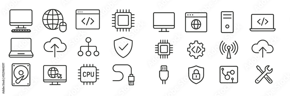 Leinwandbilder Collection of computer icons representing various technology and internet concepts in a minimalistic design