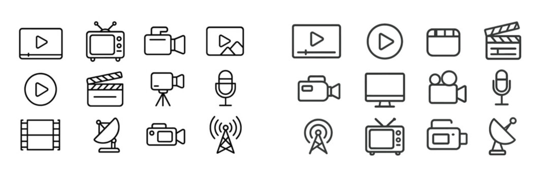 Collection of various media and broadcasting icons designed for digital projects and presentations