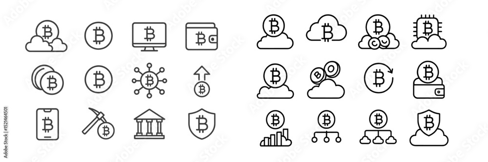 Poster various cryptocurrency icons depicting blockchain technology and digital finance concepts in a minim