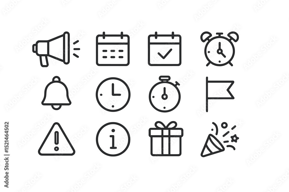 Poster visual collection of icons representing events, notifications, and time management in a modern desig