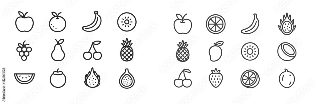 Poster collection of various fruit icons in a simple and modern line art style showcased on a white backgro