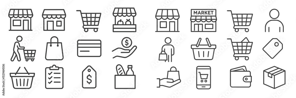 Poster icons representing shopping activities at a market with carts, bags, and transactions depicted in a 