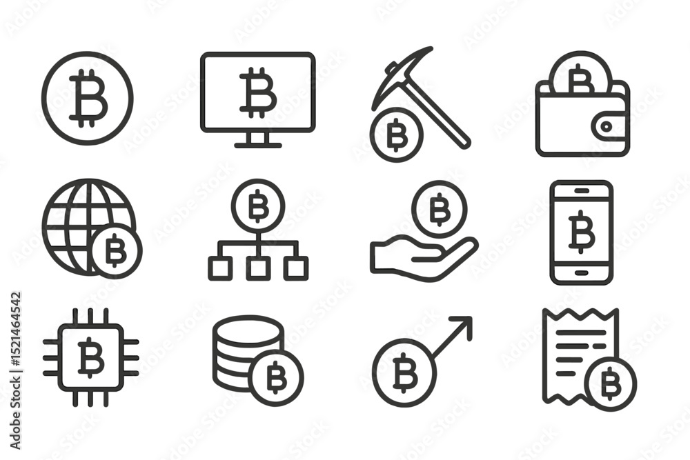 Poster visual representation of cryptocurrency concepts including mining, wallets, and blockchain technolog