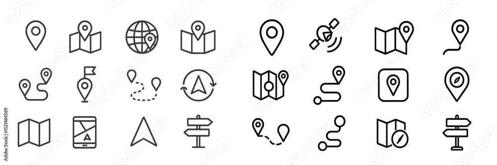 Poster collection of location icons representing navigation, maps, and direction at a creative design works