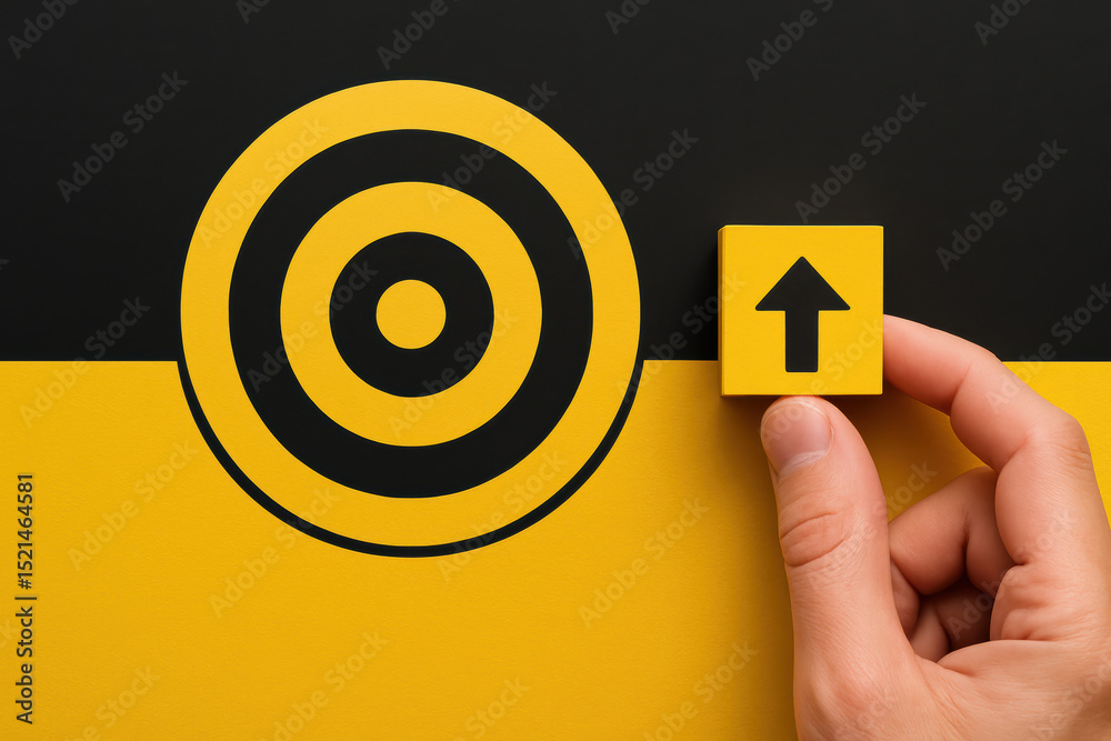 Poster a holds a yellow block with an upward arrow symbolizing progress and focus towards achieving a centr