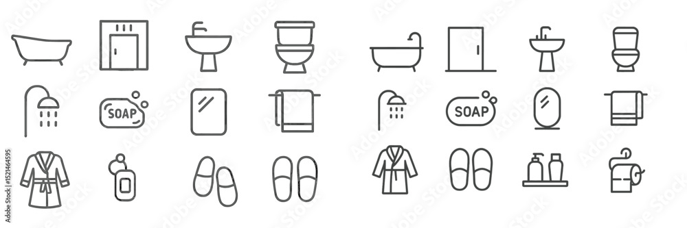Poster collection of bathroom icons illustrating various sanitary and grooming items in a minimalist design