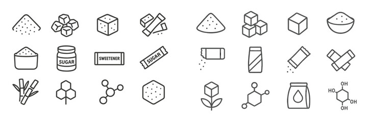 Collection of various sugar types, sweeteners, and chemical structures displayed on a clean background for educational purposes