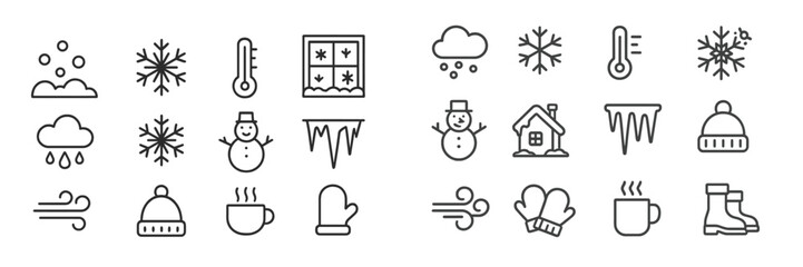 Winter weather symbols and icons for seasonal activities and preparations for cold months