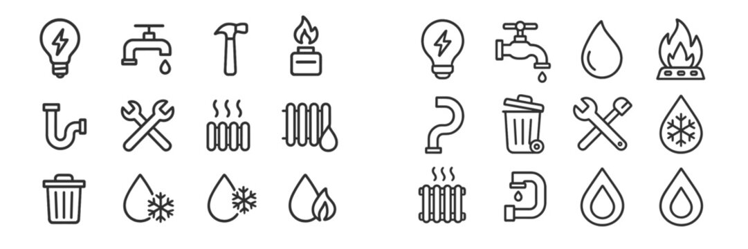 Collection of service icons representing plumbing, heating, and electrical themes for home maintenance