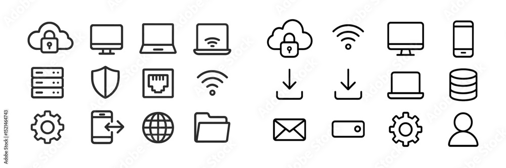 Aufkleber collection of minimalist icons representing technology, cybersecurity, and data management in a mode