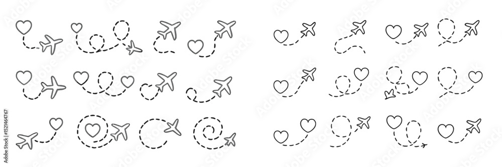 Poster creative flight paths with dotted lines and heart shapes in a whimsical design suitable for travel-t
