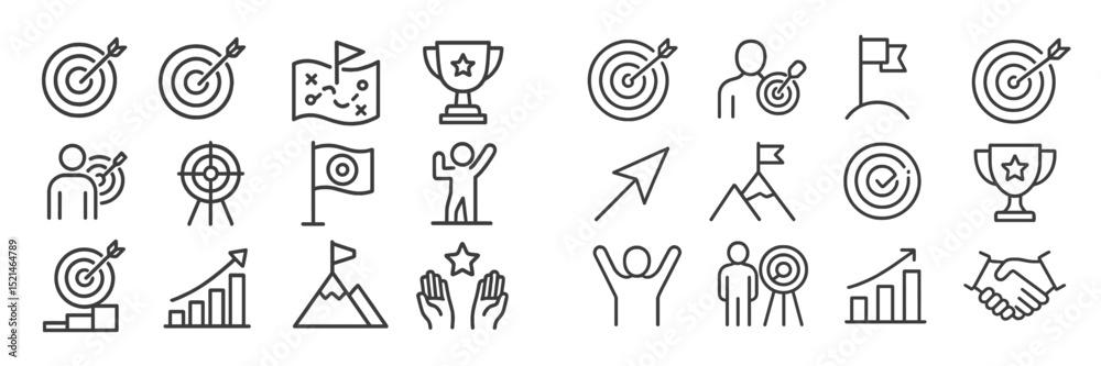 Poster collection of target and achievement icons representing goals and success in various activities, sui