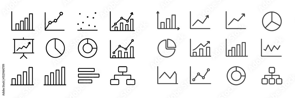 Poster collection of various business and data visualization icons illustrating charts, graphs, and diagram