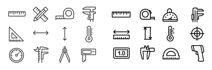 Various measuring tools and equipment displayed in a grid format on a white background, showcasing essential drafting and construction instruments