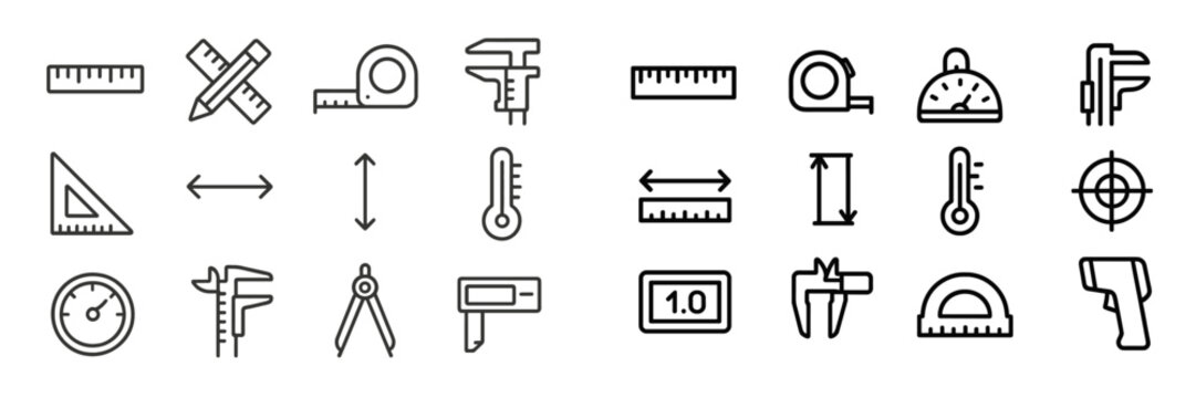 Various measuring tools and equipment displayed in a grid format on a white background, showcasing essential drafting and construction instruments