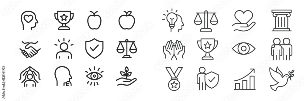 Poster collection of minimal line icons representing various concepts of achievement, balance, and personal