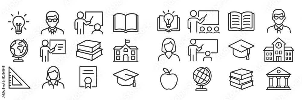 Poster education symbols representing learning, teaching, and knowledge sharing in various forms and subjec