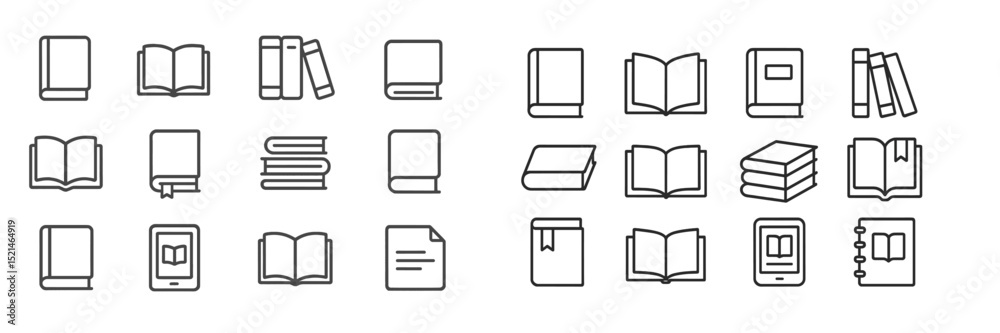 Poster collection of book and reading-related icons displayed in a clean, minimalistic layout for education