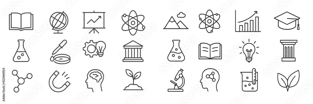 Poster educational symbols representing science, growth, and knowledge in a minimalistic design featuring v