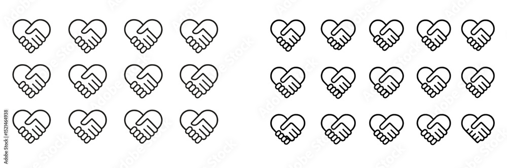 Poster Heart and hand illustrations symbolizing unity and support in a creative pattern on a white background