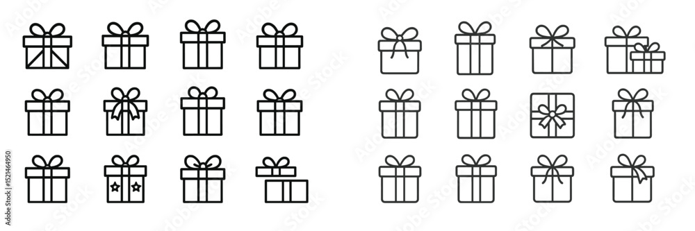 Poster various gift box designs drawn in simple line art showcasing different styles and sizes suitable for