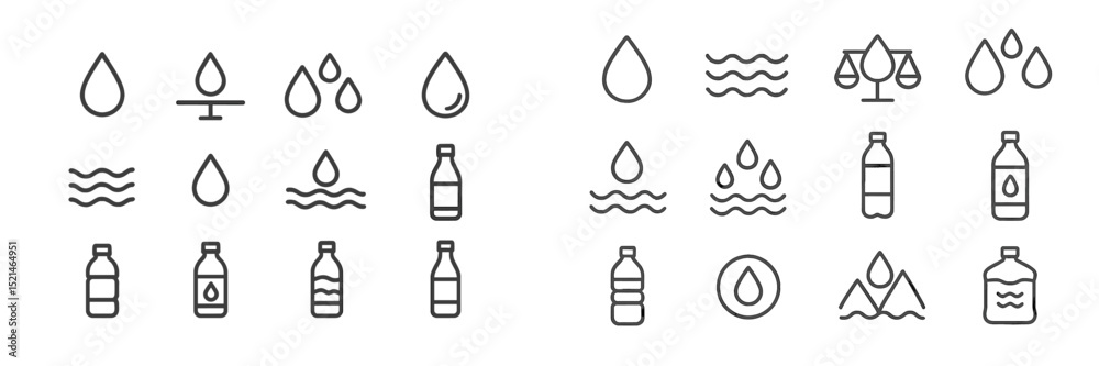 Poster collection of water-related icons featuring drops, waves, bottles, and scales representing hydration