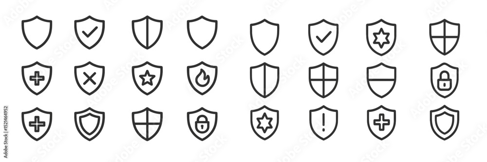 Fototapete Shield icons representing security, protection, and various statuses in a simple design layout with clean lines and shapes