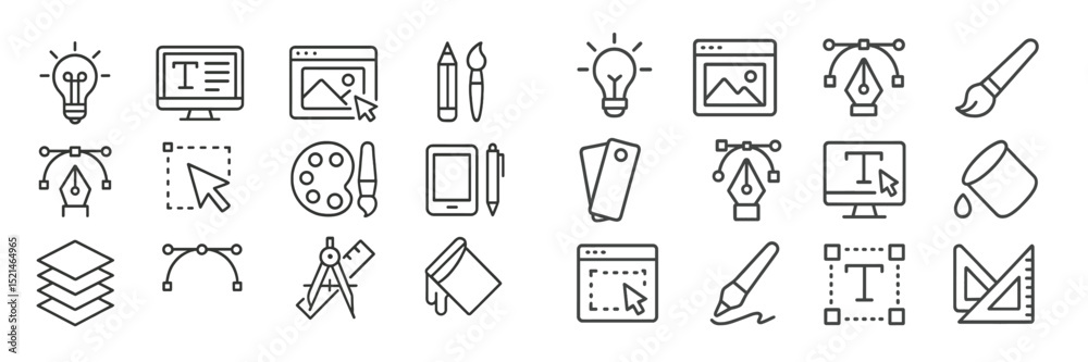 Poster collection of design icons showcasing creative tools and software used in graphic design and digital