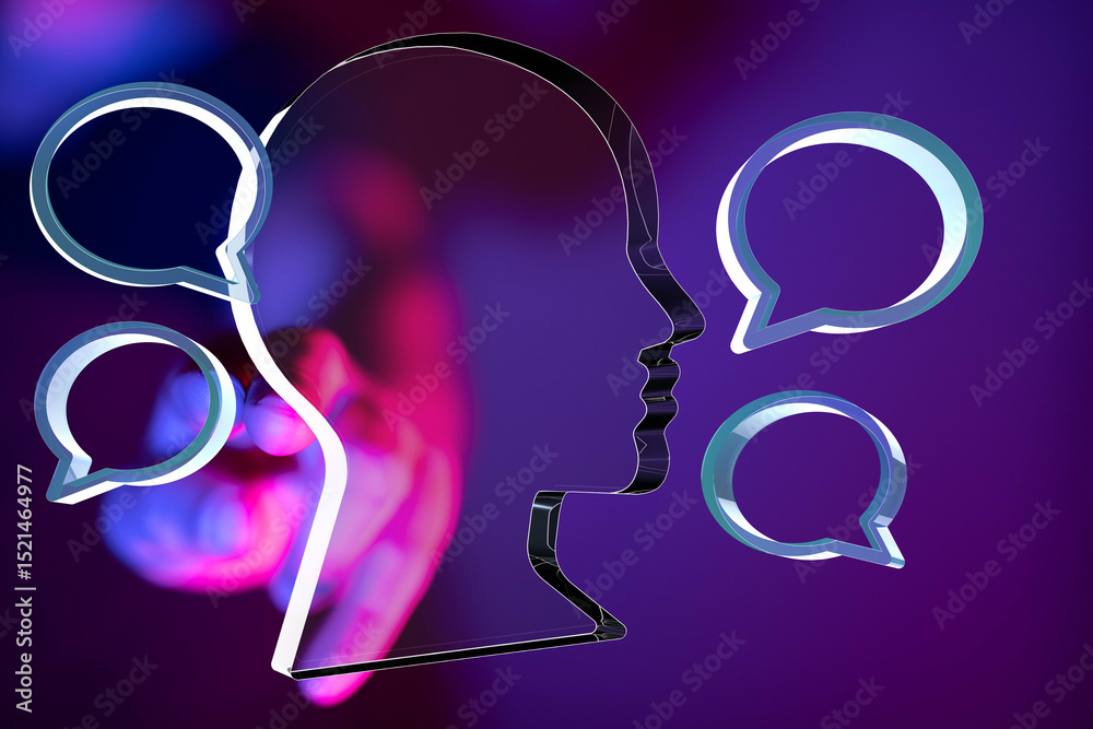 Poster Abstract image of a head with speech bubbles, representing communication, ideas, and mental processes.